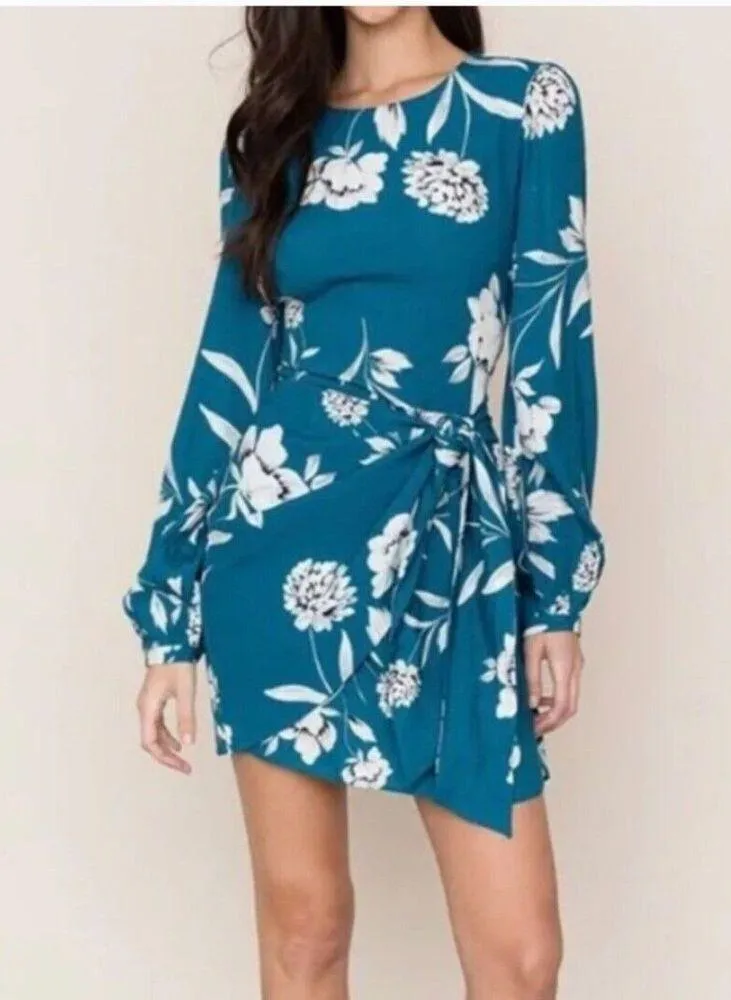 YUMI KIM Floral Mini Dress Sz S Tie Me Over in Duet Ink Turquoise Wrap Front NWT - Image 2