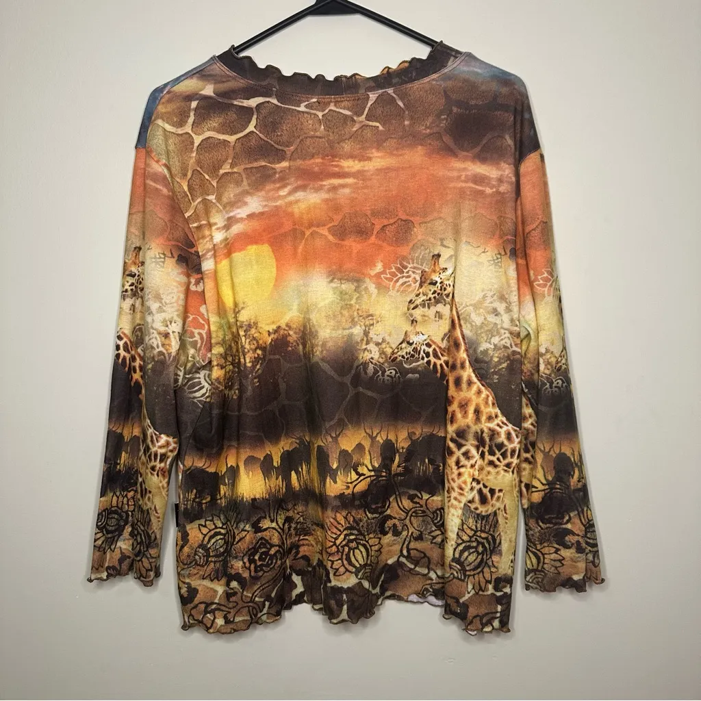 Impulse California Giraffe Lettuce Trim Long Sleeve Top Savanna Wildlife Animals Brown Size 2X - Image 7