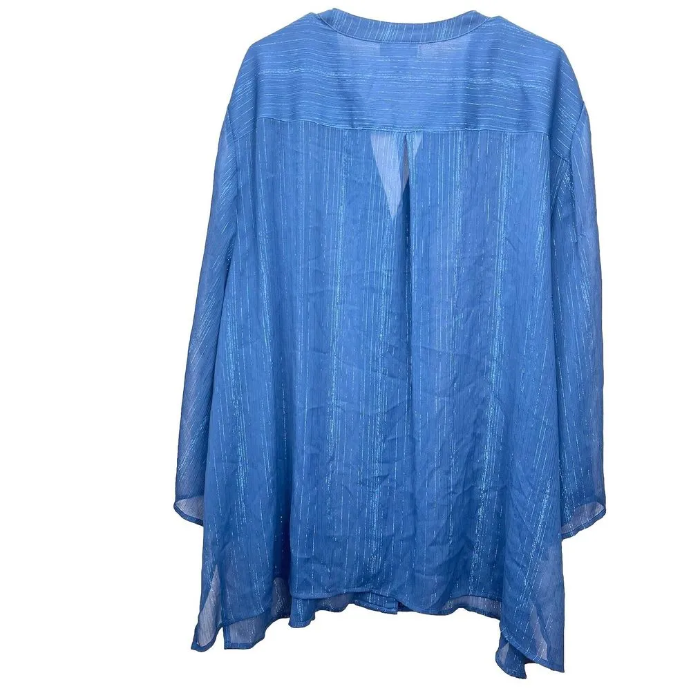 Catherines Blue Metallic Semi Sheer Chiffon Y Neck Button Blouse Size 4X‎ - Image 5