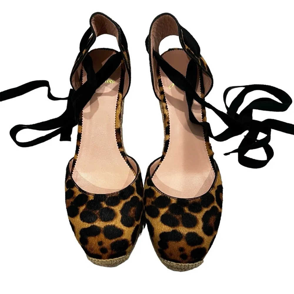 NWOT, J. Crew Espadrille Tie Wedges in Leopard Calf Hair, Sz 7.5 - Image 5