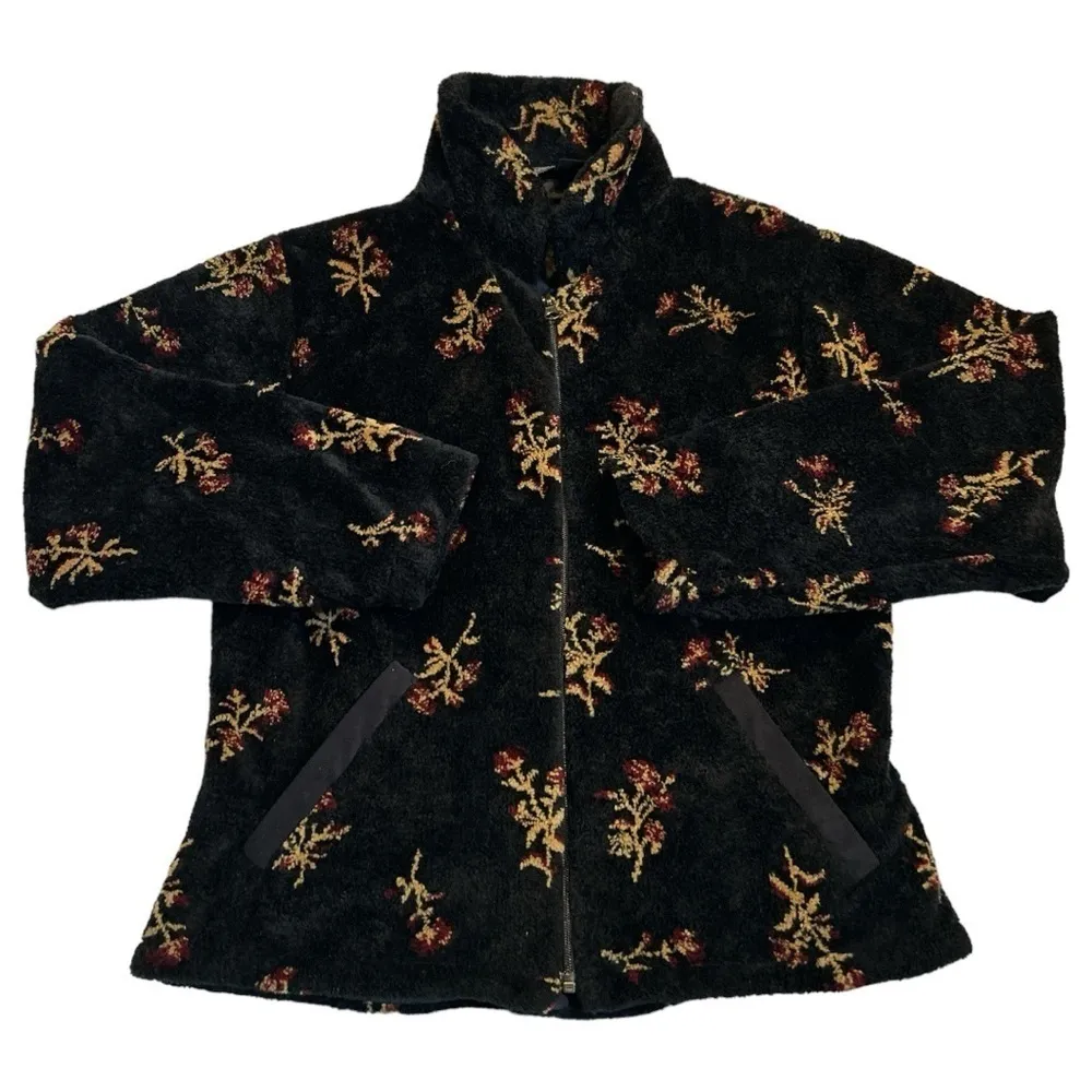 VTG Black Diamond Sherpa Fleece Botanical Floral Print Jacket Black Size Small - Image 4