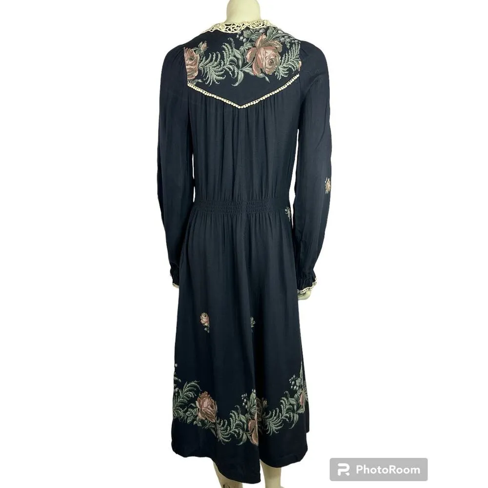 Vintage Boho Cactus N.Y.C Label Crochet Black Hippie Floral Pink Dress size 7 - Image 2