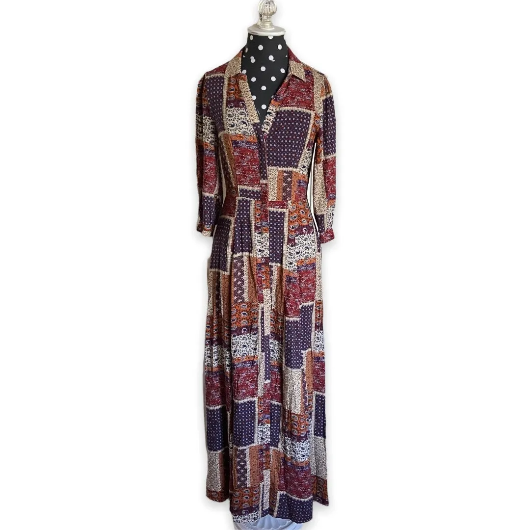 Skies are Blue Womens Dress Size XS Button Front Patchwork Maxi Prairie Hippie - Image 2