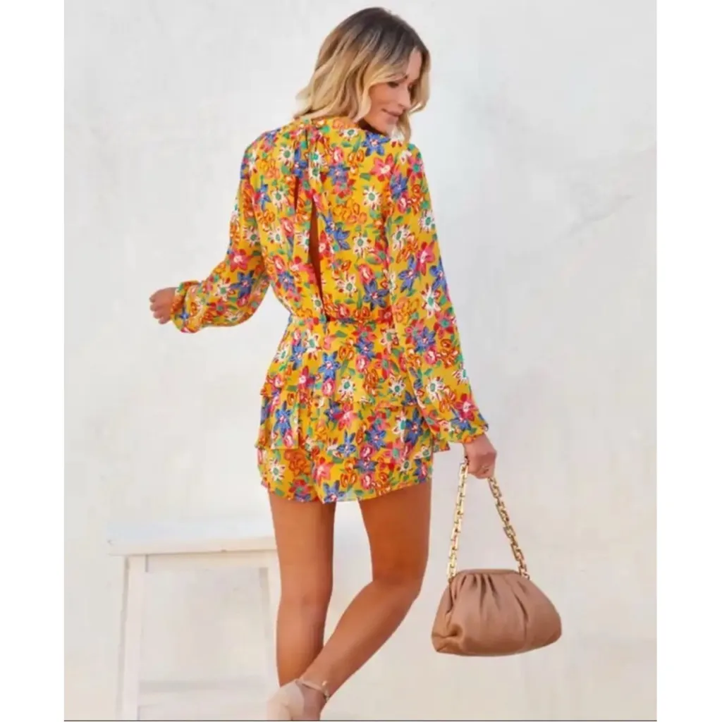 Endless Rose Multicolor Floral Long Sleeve Tie Back Ruffle Romper - Image 2