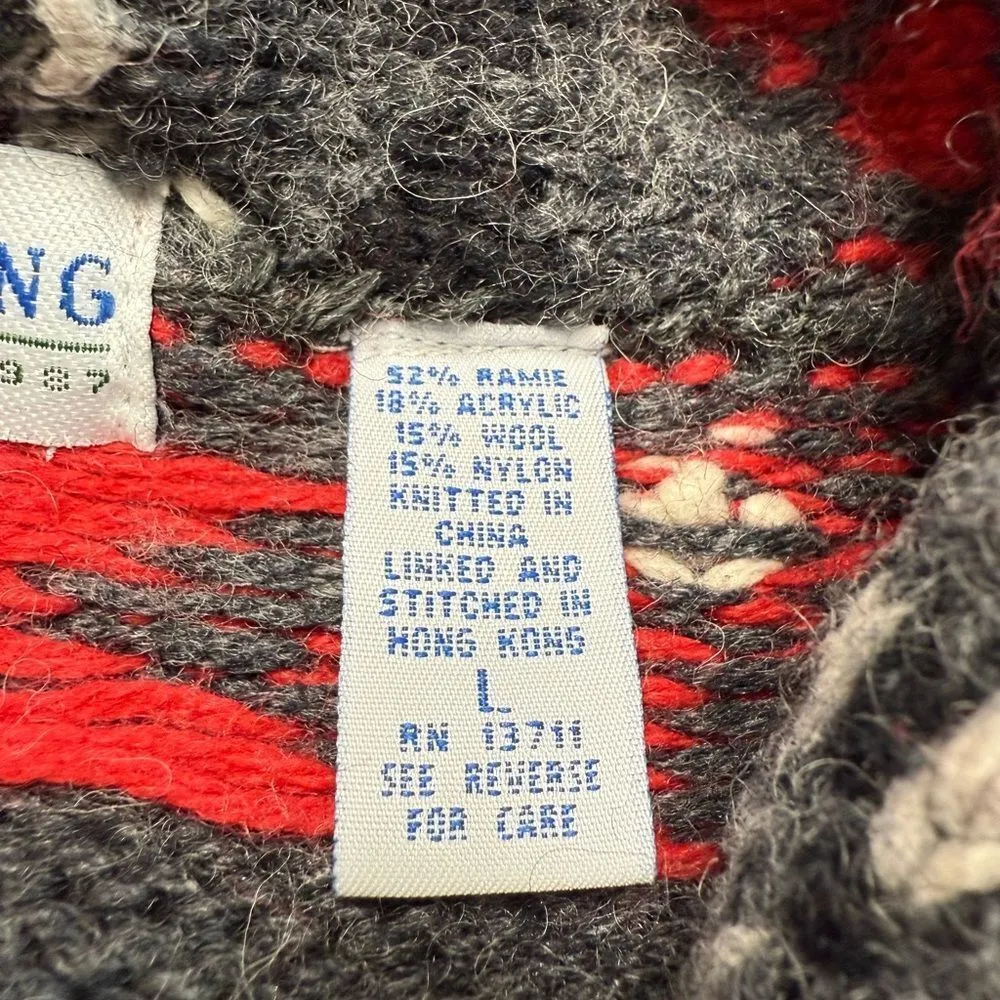 80s 90s Vintage Marsh Landing Cowichan Native Print Knit Cardigan Grey Red Large Gray - Image 4