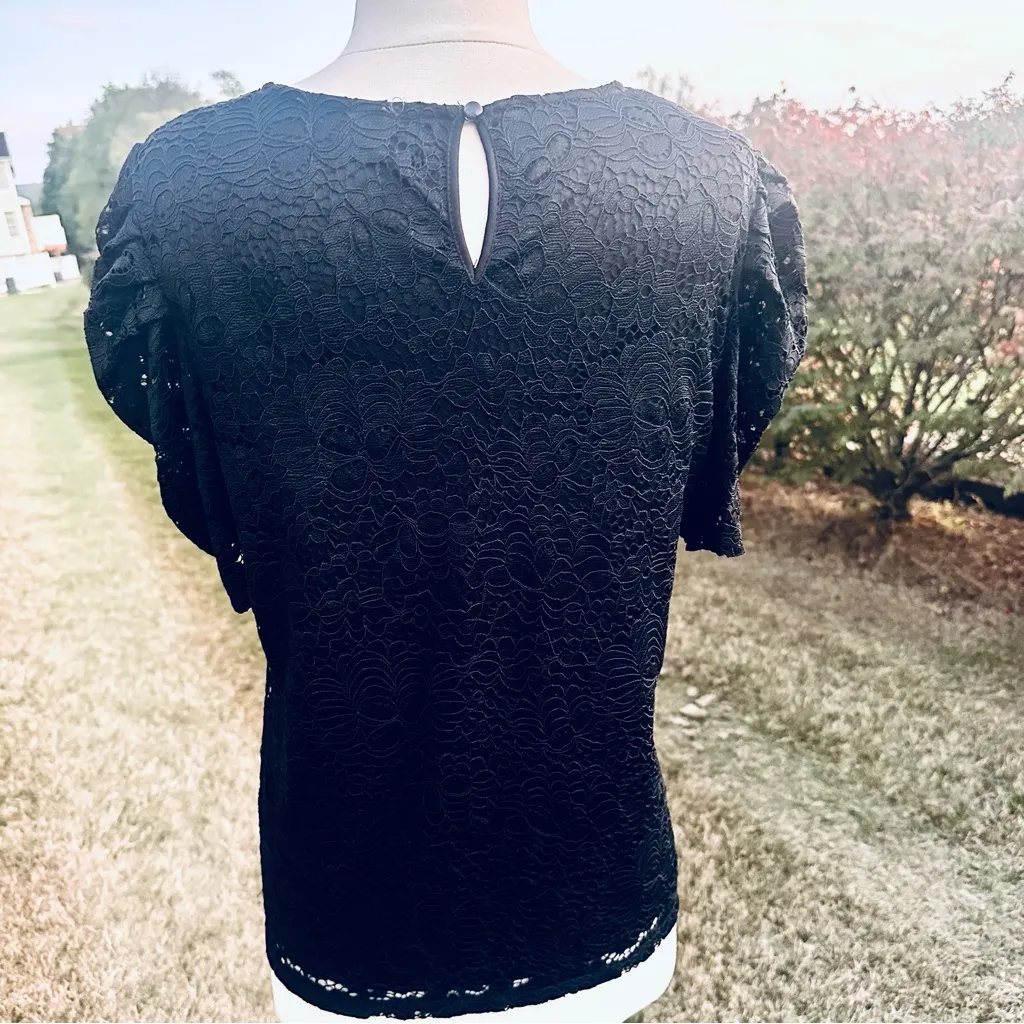 Adrianna Papell Black Lace Blouse Puff Sleeves Size M - Image 12