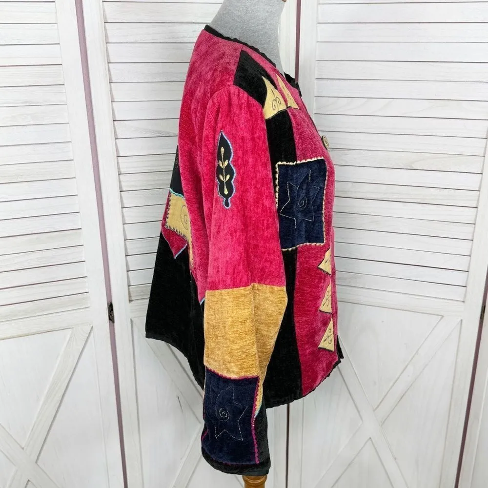 Pushpa Vintage 90s Velour Patchwork Tapestry Embroidered Jacket Medium Pink - Image 3