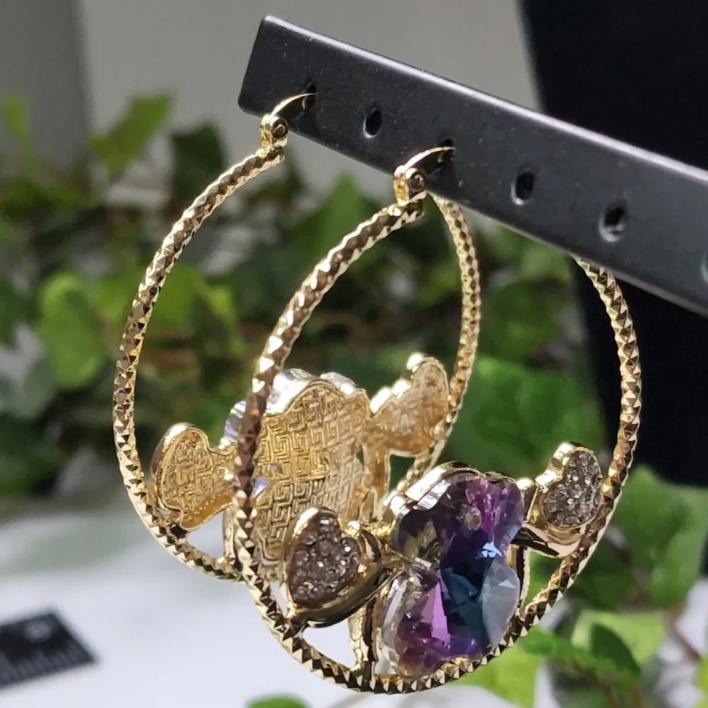 Gold Filled Hoops with Iridescent Crystal Bear Blue - Image 3