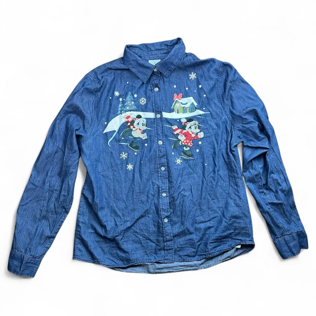 Disney  Parks Christmas Denim Jean Button Down L - Image 2