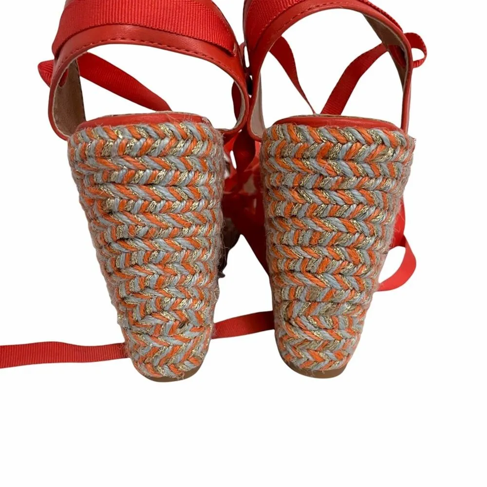 NWOT VANESSA WU Espadrille Wedge Coral Gold Gray Raffia Yarn Size 40/ US 10 - Image 11