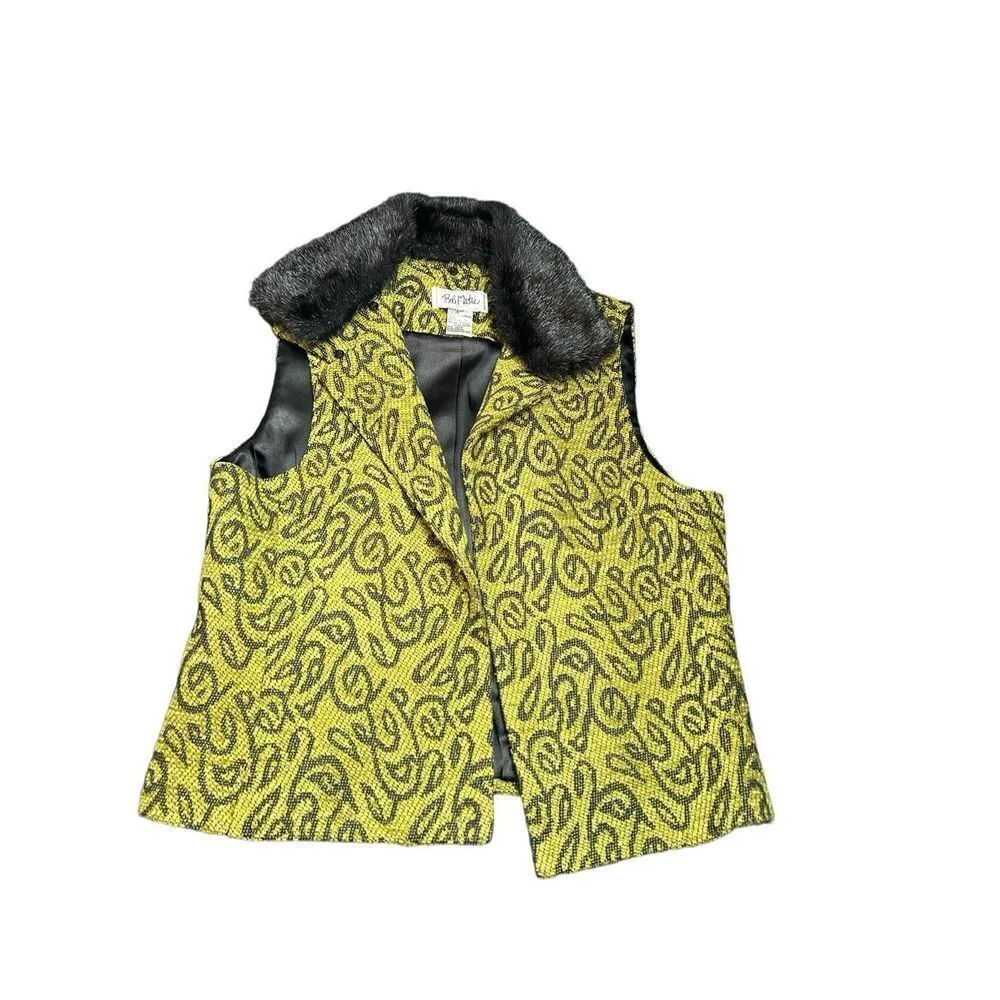 Vtg BOB MACKIE STUDIO green/yellow & Black Tapestry Vest Removable Faux Fur Coll - Image 6