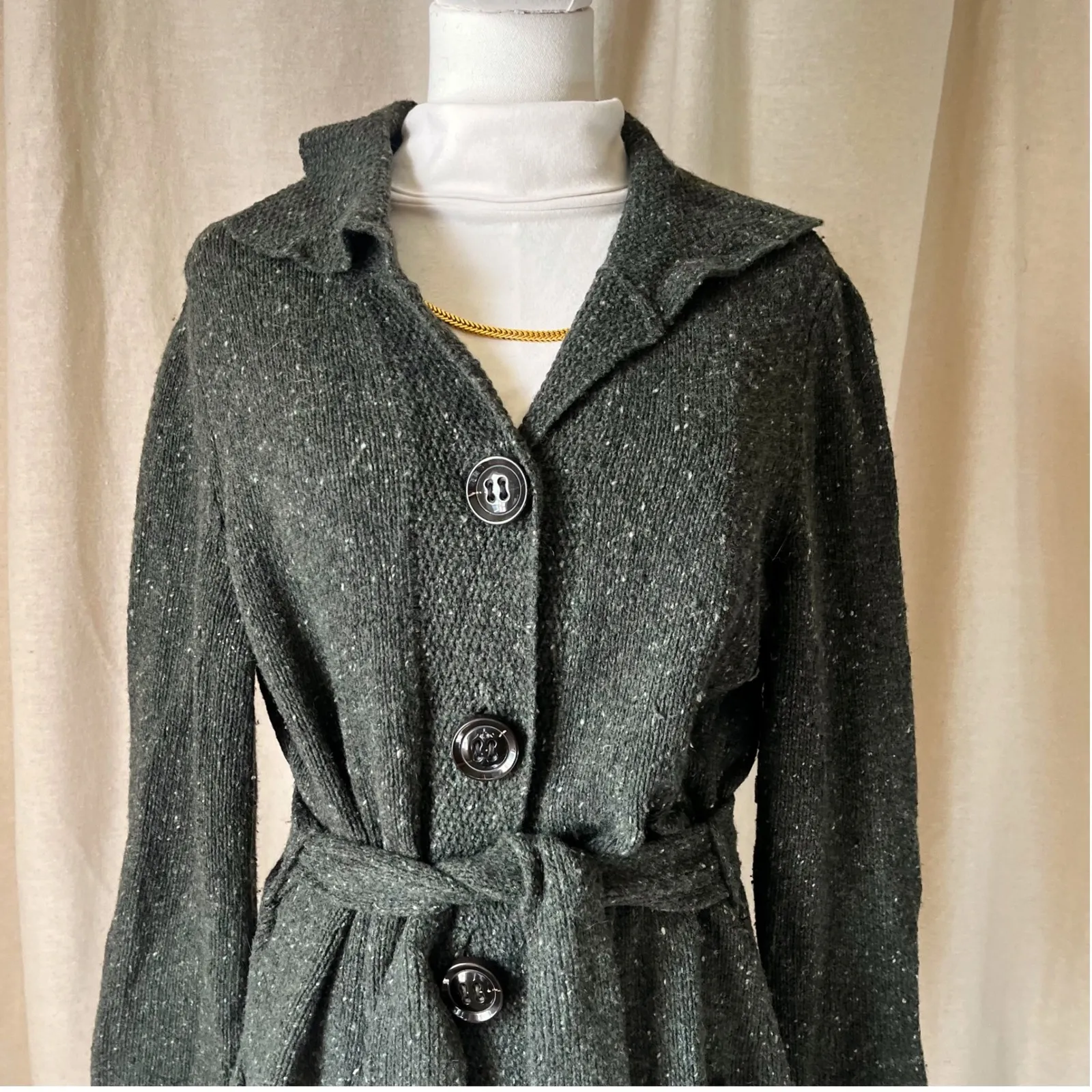 Vintage Talbots Made in Italy Green Wool Blend Belted Tweed Sweater Coat Large - Image 2