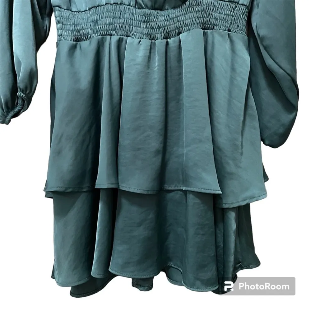NWT Zara Teal Long Sleeve Satin Mini Dress Elastic Waist Ruffled Hem V-Neck M - Image 7