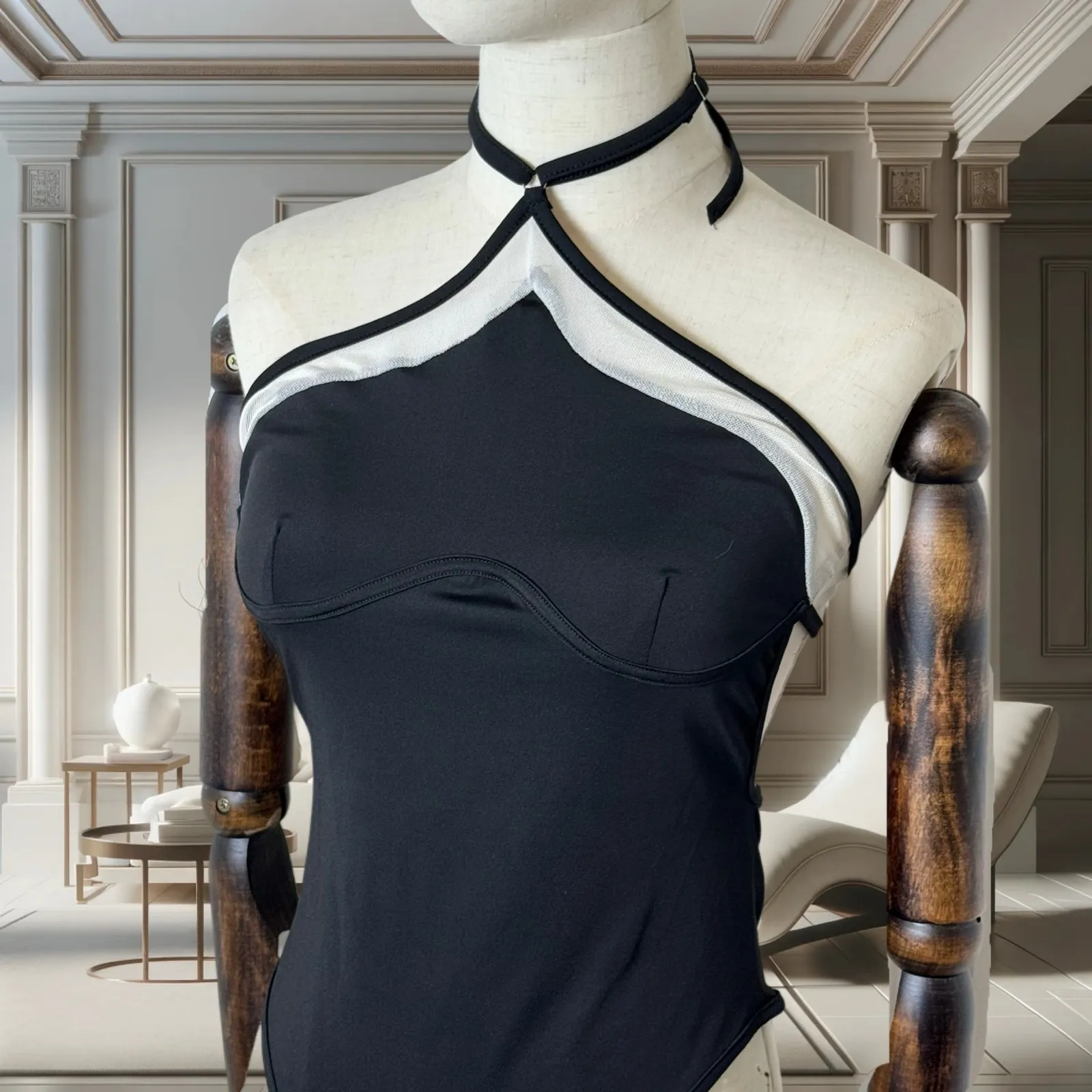 Chic Black & White Halter Bodysuit | Strappy Backless Festival/Clubwear OnePiece Size M - Image 3