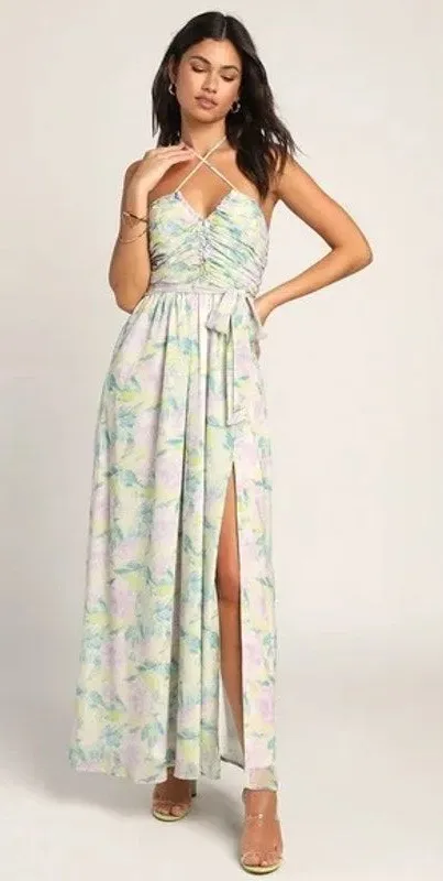 chinese dress ladies Lulus Fernanda Flutter Sleeve Maxi Dress In White/Purple  Infinity Raine