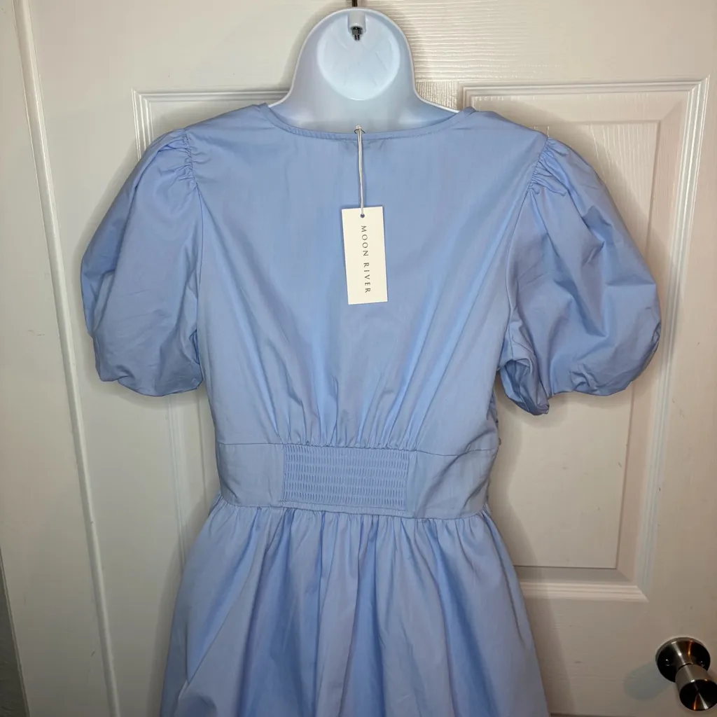 Moon River Cotton Baby Blue Mini Bow Dress Fit and Flate Puff Sleeves M NWT - Image 6