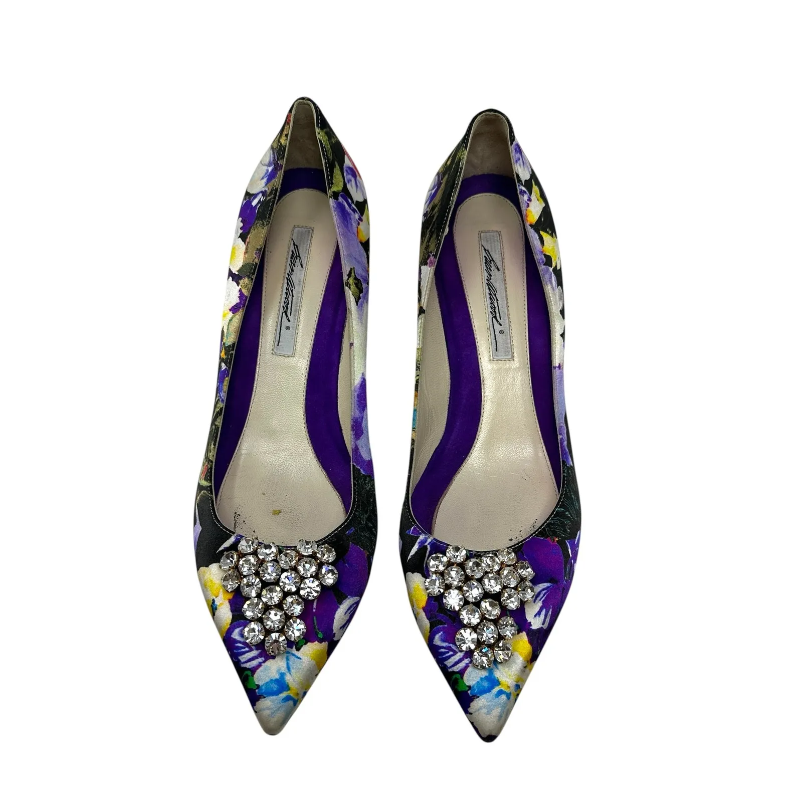Brian‎ Atwood Jael Kitten Heel Pumps Satin Floral Embellished Size 39 US 8 - Image 5