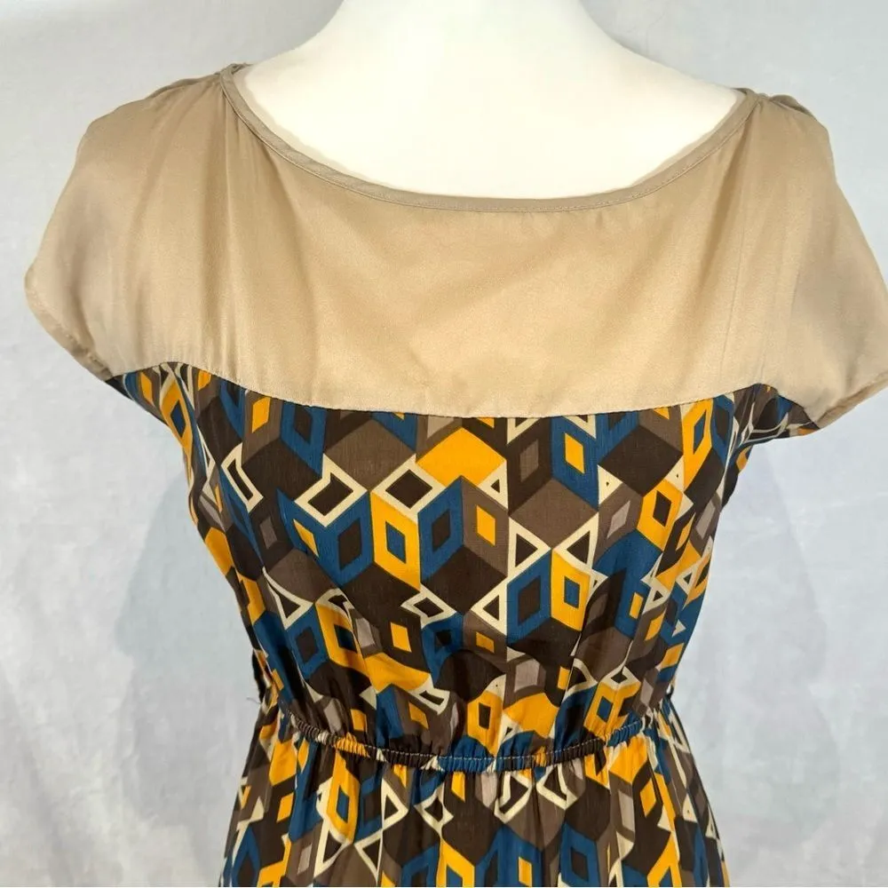 Tan gold and teal geometric print color block cotton blend maxi dress size small - Image 2