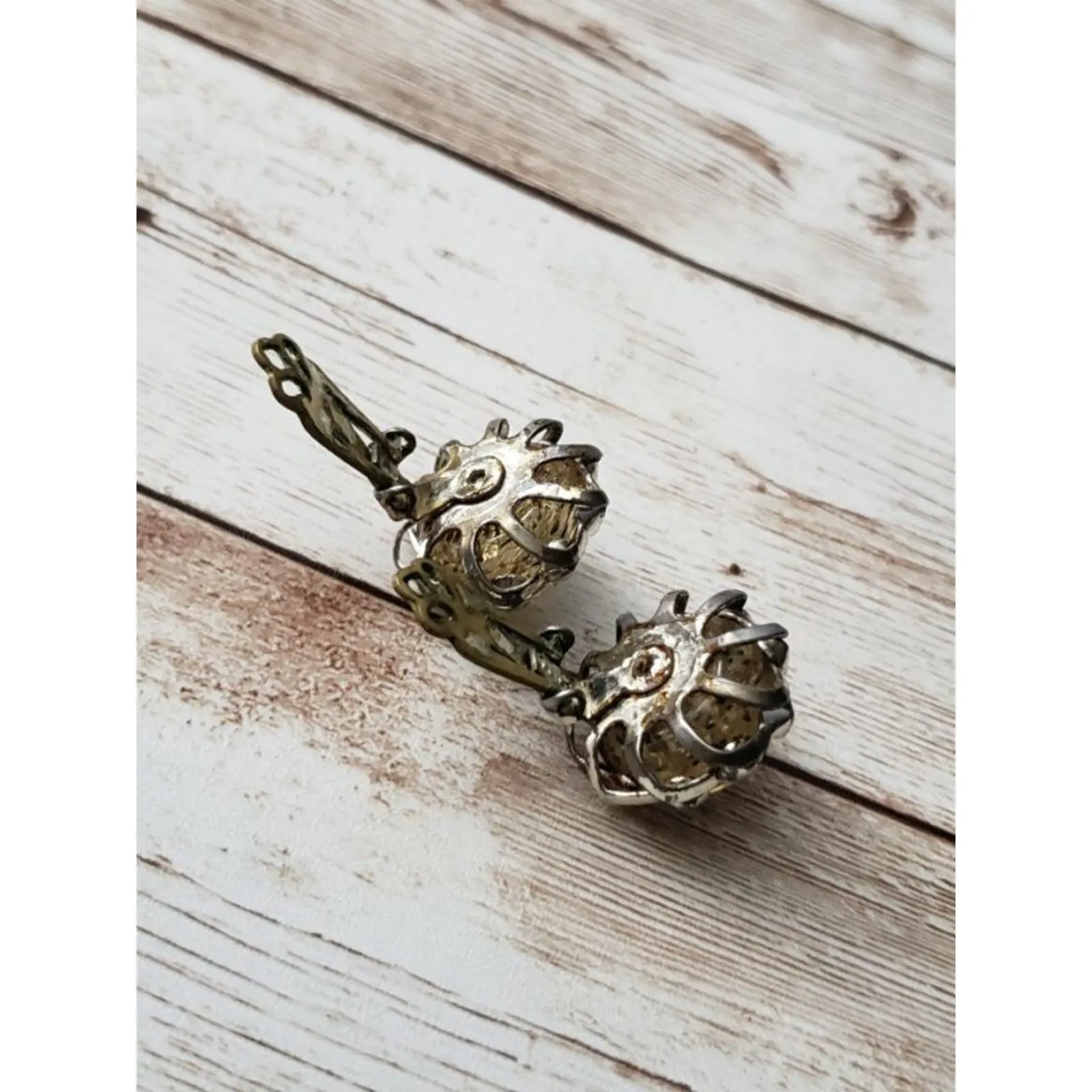 Vintage Clip On Earrings Gold Tone Strands with Fancy Silver Tone Halo - Image 4