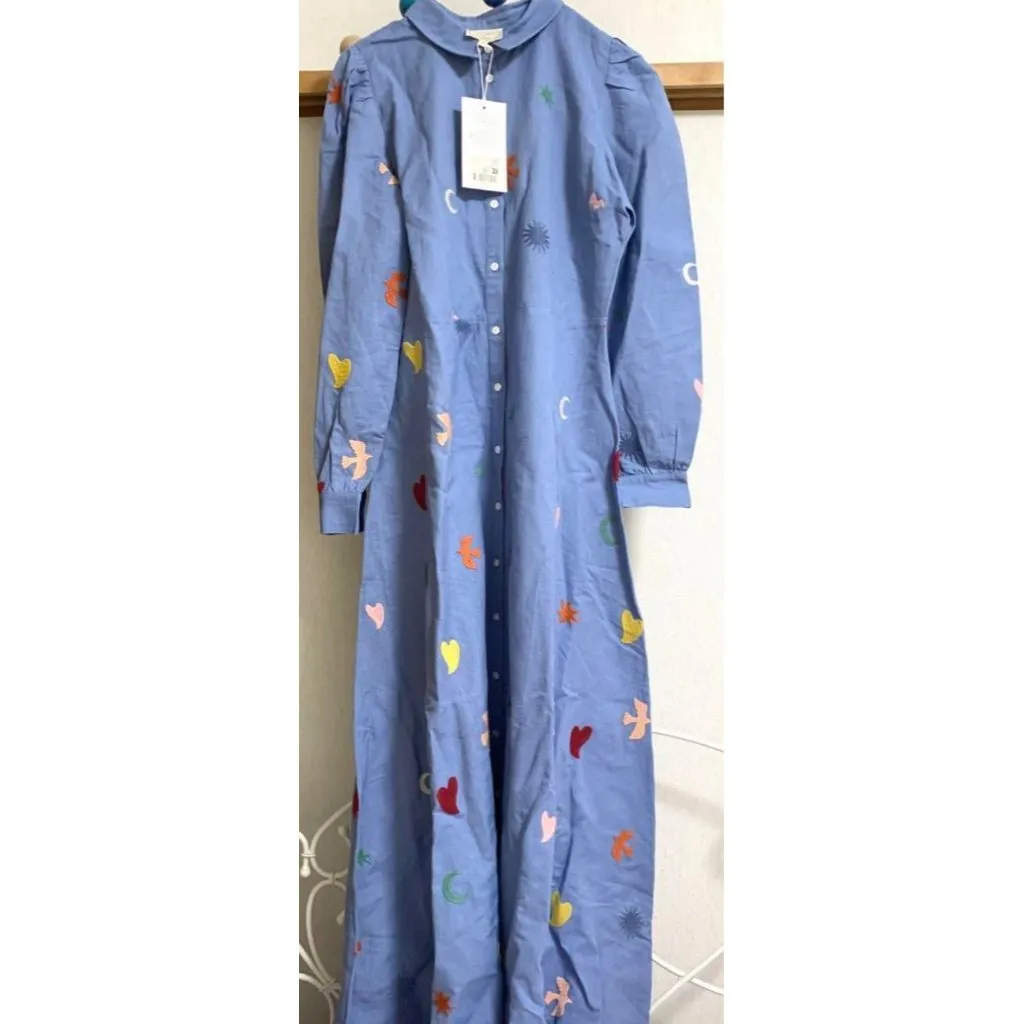 NWT SEZANE Pangea blue multicolor embroidered linen Bella MIDI dress size36 us4 - Image 3