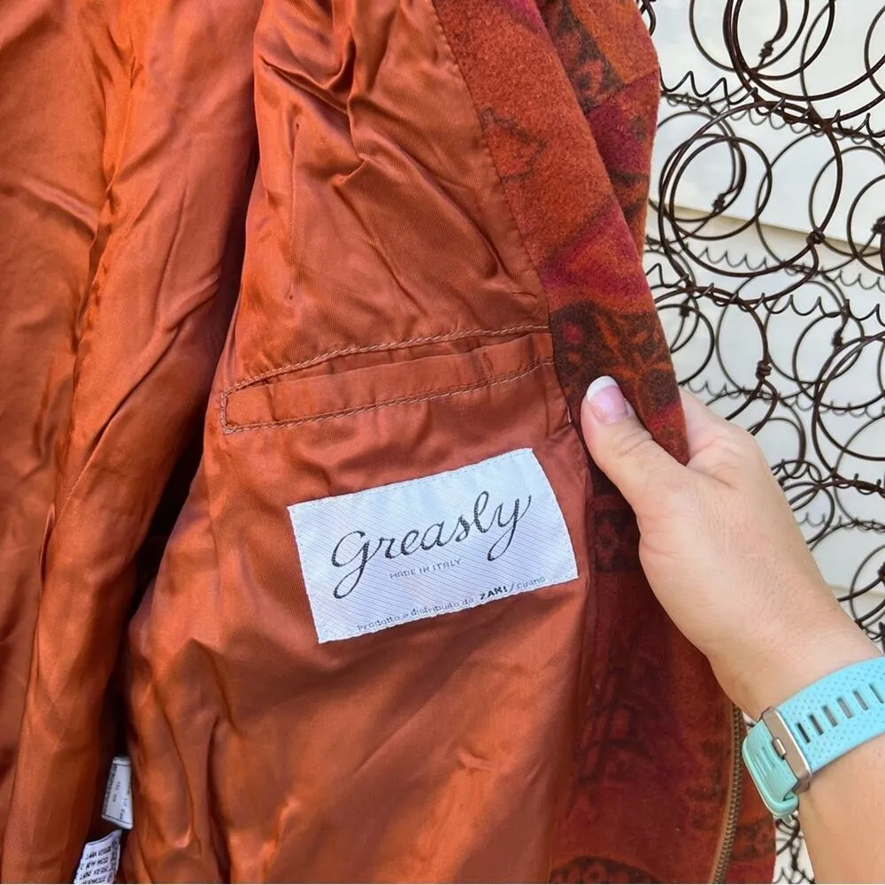 Vintage Greasly Italy Wool Orange Aztec Boho Bomber Jacket Size XL - Image 4