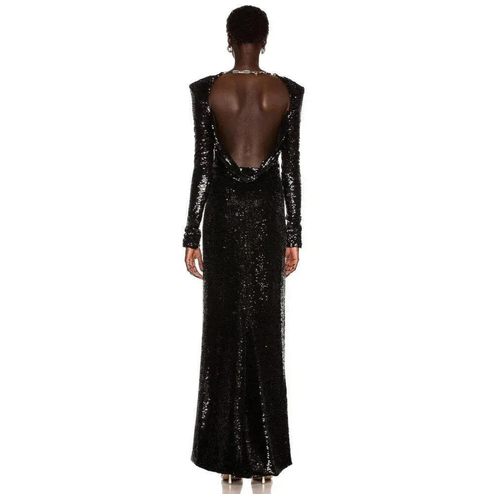 THE ATTICO Sequin Cut Out Chain Neck Gown in Black 42 4 - Image 4