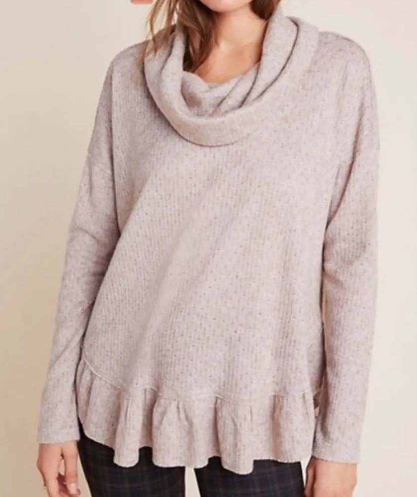 Anthropologie Maeve Addie Ruffled Hacci Pullover Sweater Size M Neutral Taupe - Image 1