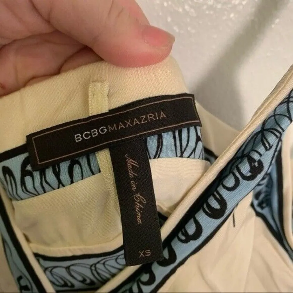 BCBGMAXAZRIA Halter Sun Dress Cream Blue Floral Surplice Neck XS - Image 10