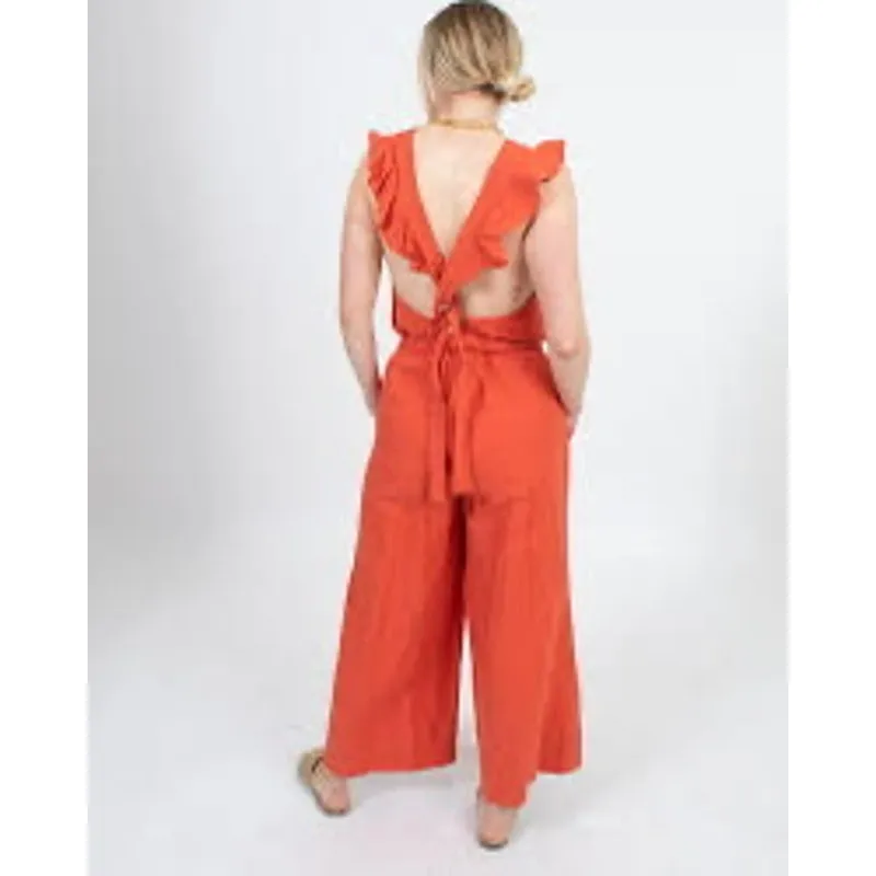 ULLA JOHNSON ORANGE LINEN BLEND OPEN CROSS-BACK ANKLE JUMPSUIT SZ 4 - Image 2