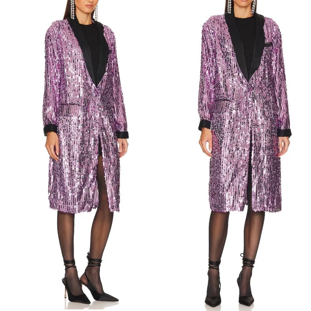 FREE PEOPLE Ella Duster Sequin Purple Combo Black Trim Jacket XS/S Oversized NWT - Image 3