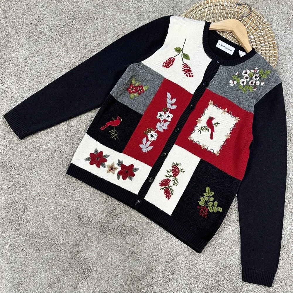 Alfred Dunner Vintage Cardigan Sweater Embroidered Birds Cardinal Grandmacore S Black - Image 2