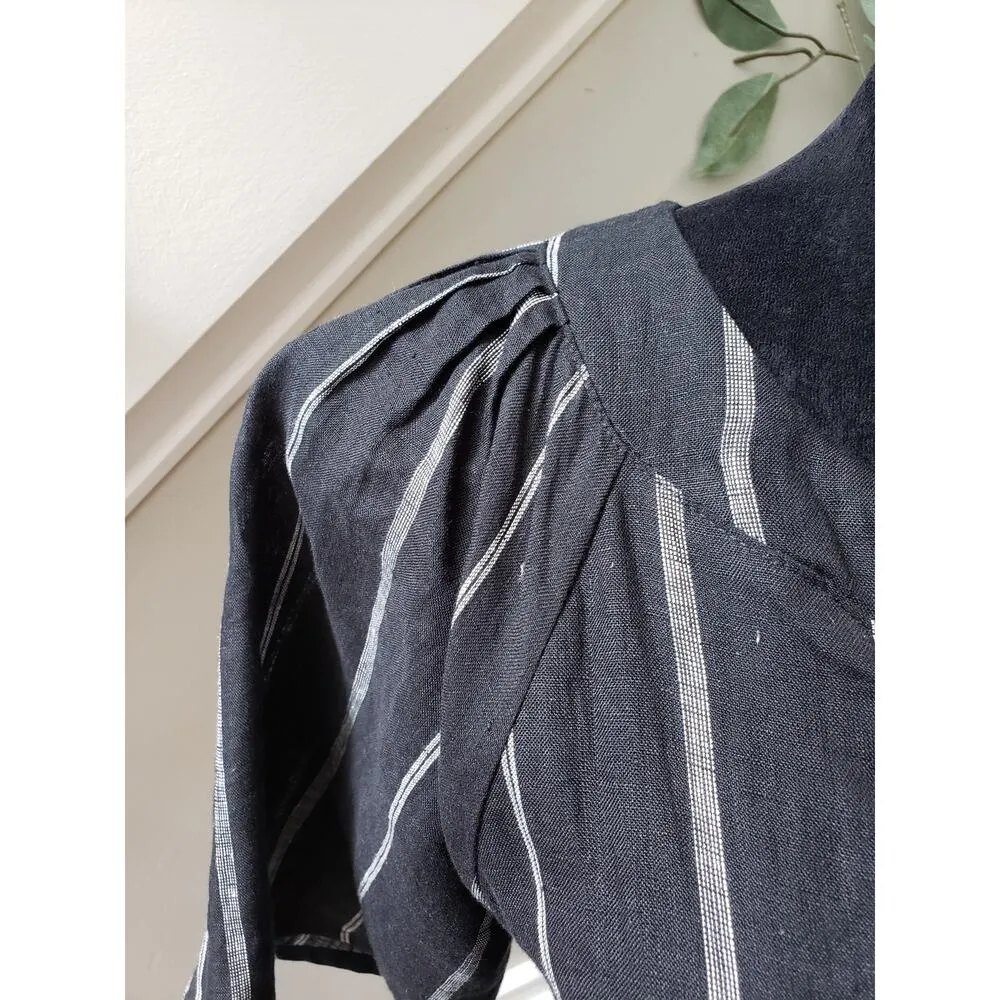 Miou Muse A Line Dress Womens Small Black White Striped Linen Pleated Split Neck - Image 13