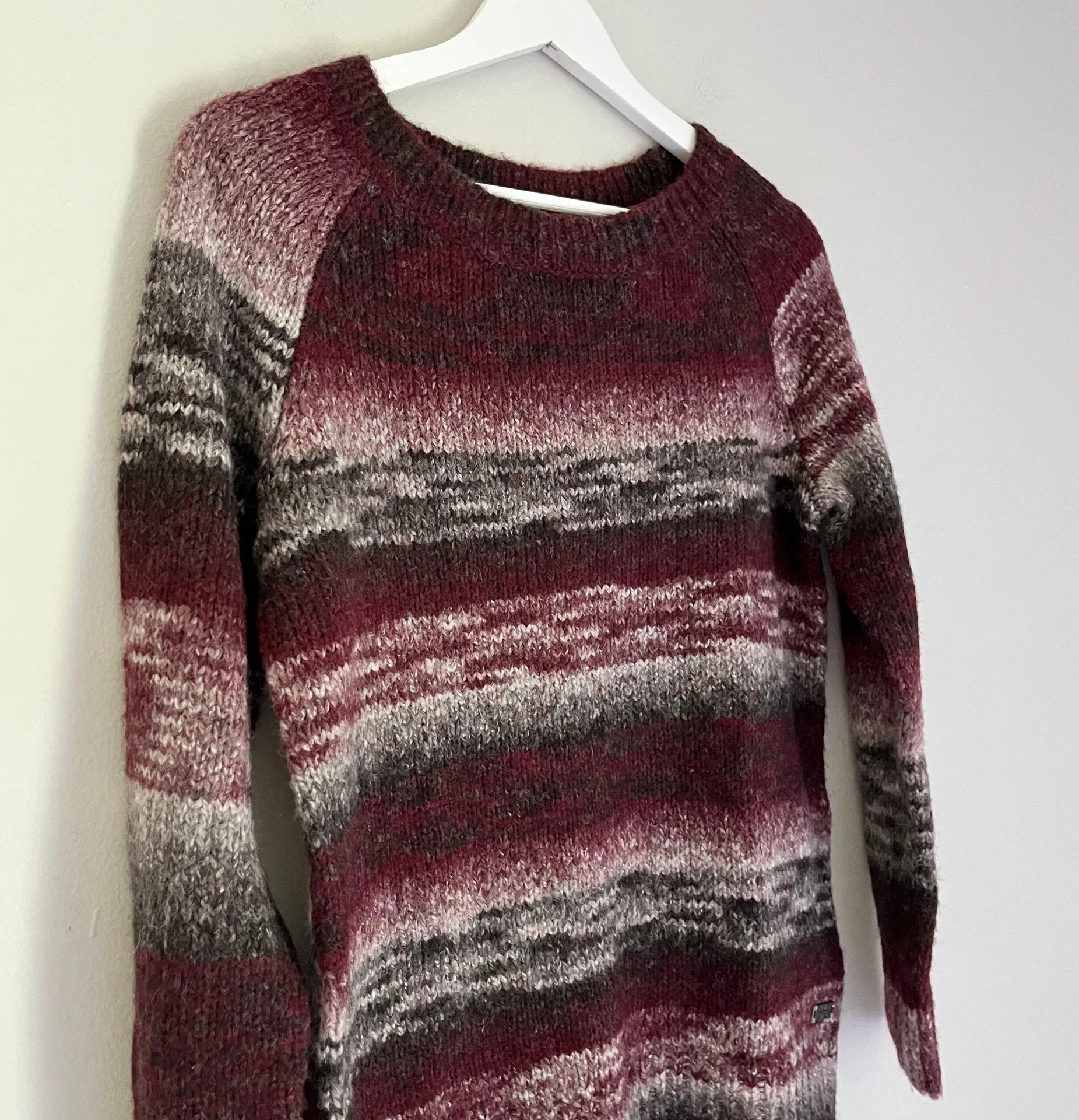 Wool Blend Marl Knit Raglan Sleeve Sweater Maroon Grey XS - Image 3