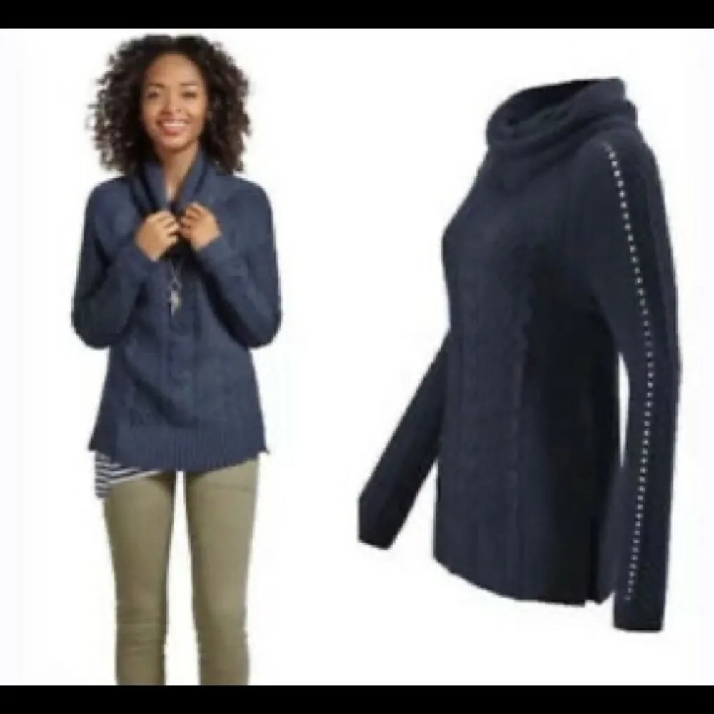 CAbi 3168 Navy Cable Knit Cowl Neck Sweater - Image 3