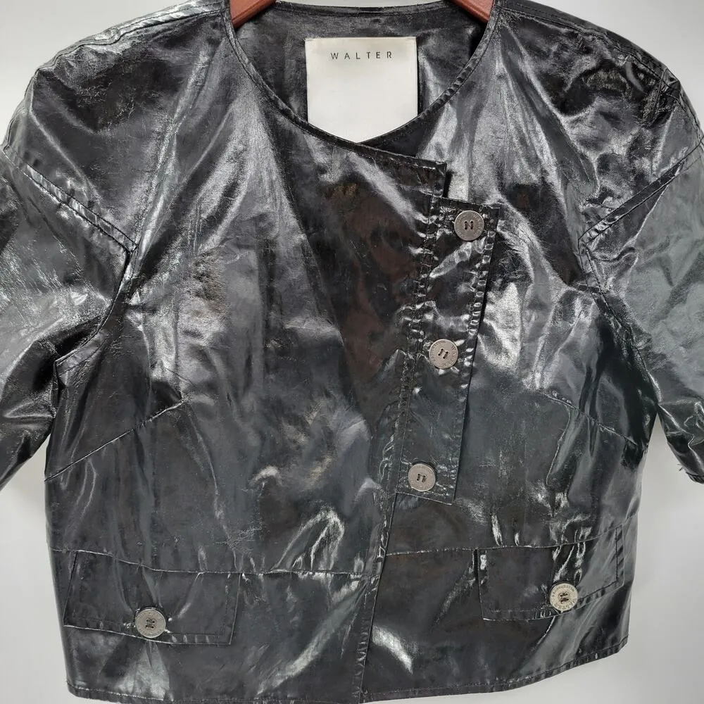 Walter Baker Shirt Womens 8 Black Faux Leather Buttons Asymmetrical Cropped - Image 16