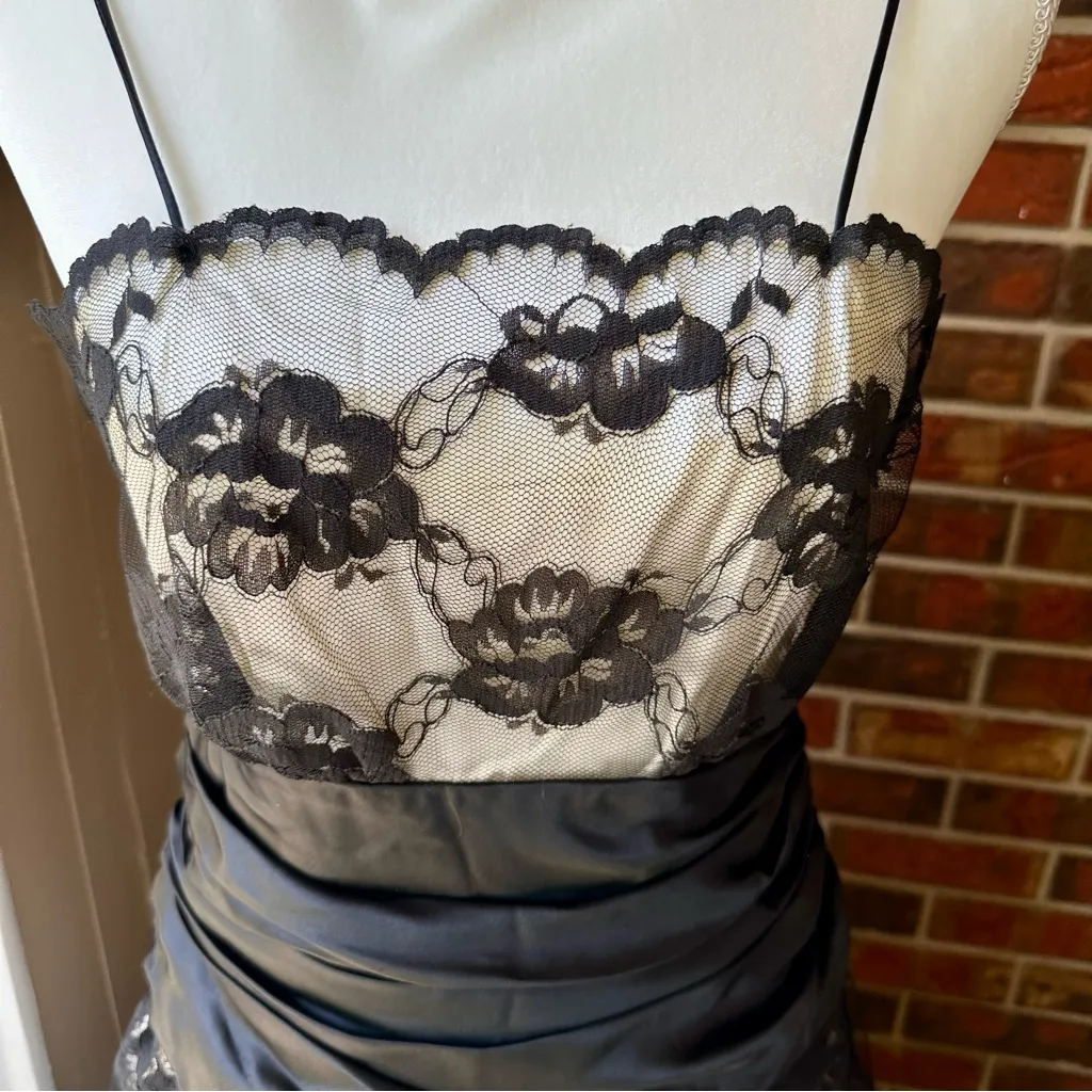 80s 90s Vintage Tea Length Black Lace Spaghetti Strap Dress Junior Prom Cosplay Size undefined - Image 12