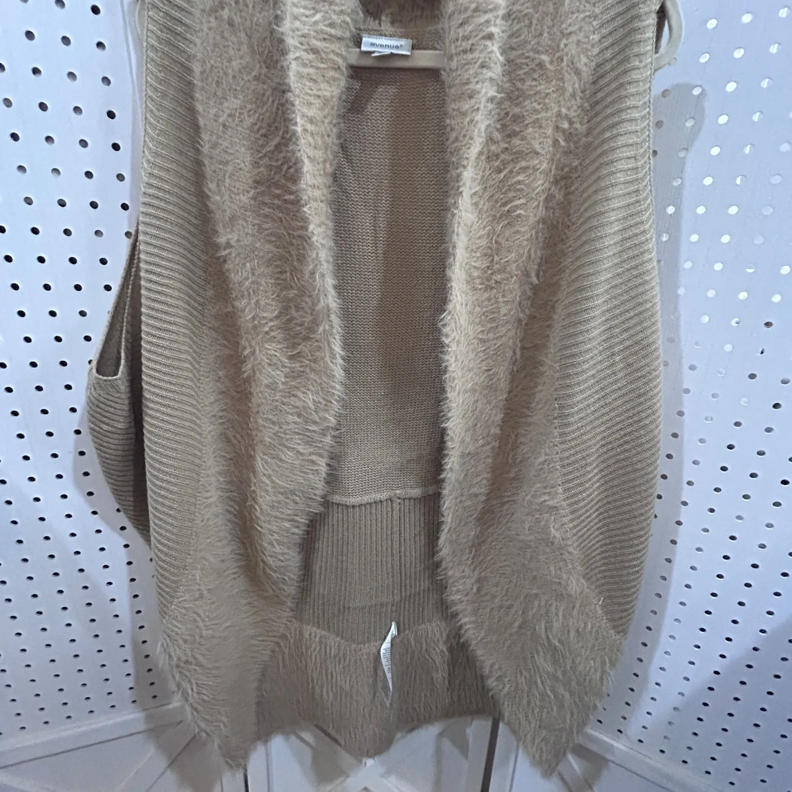 Avenue Fuzzy Knit Vest Cardigan Tan Open Front Waterfall Collar Sleeveless - Image 2