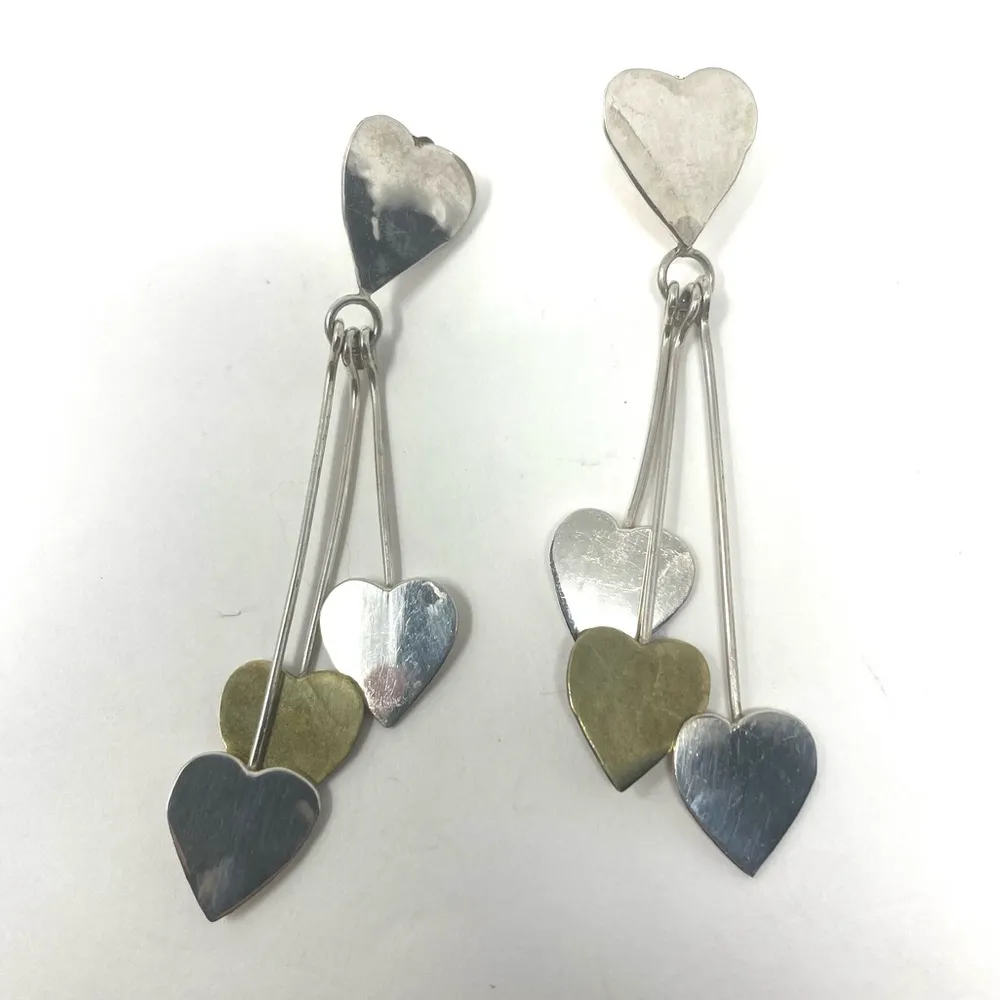Sterling silver triple heart dangle post earrings, vintage - Image 7