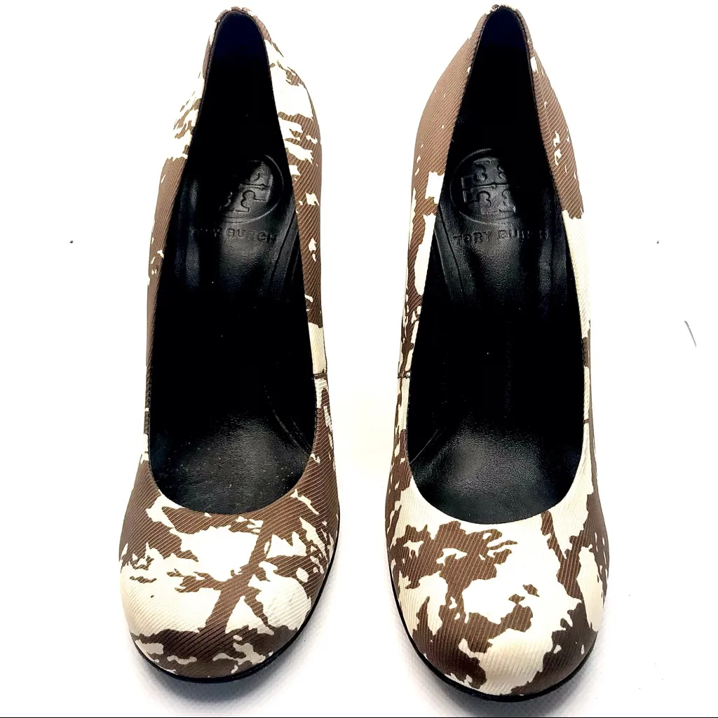 TORY BURCH BROWN & CREAM FABRIC "BRIA" STACKED HEEL PUMPS (5M) - Image 8