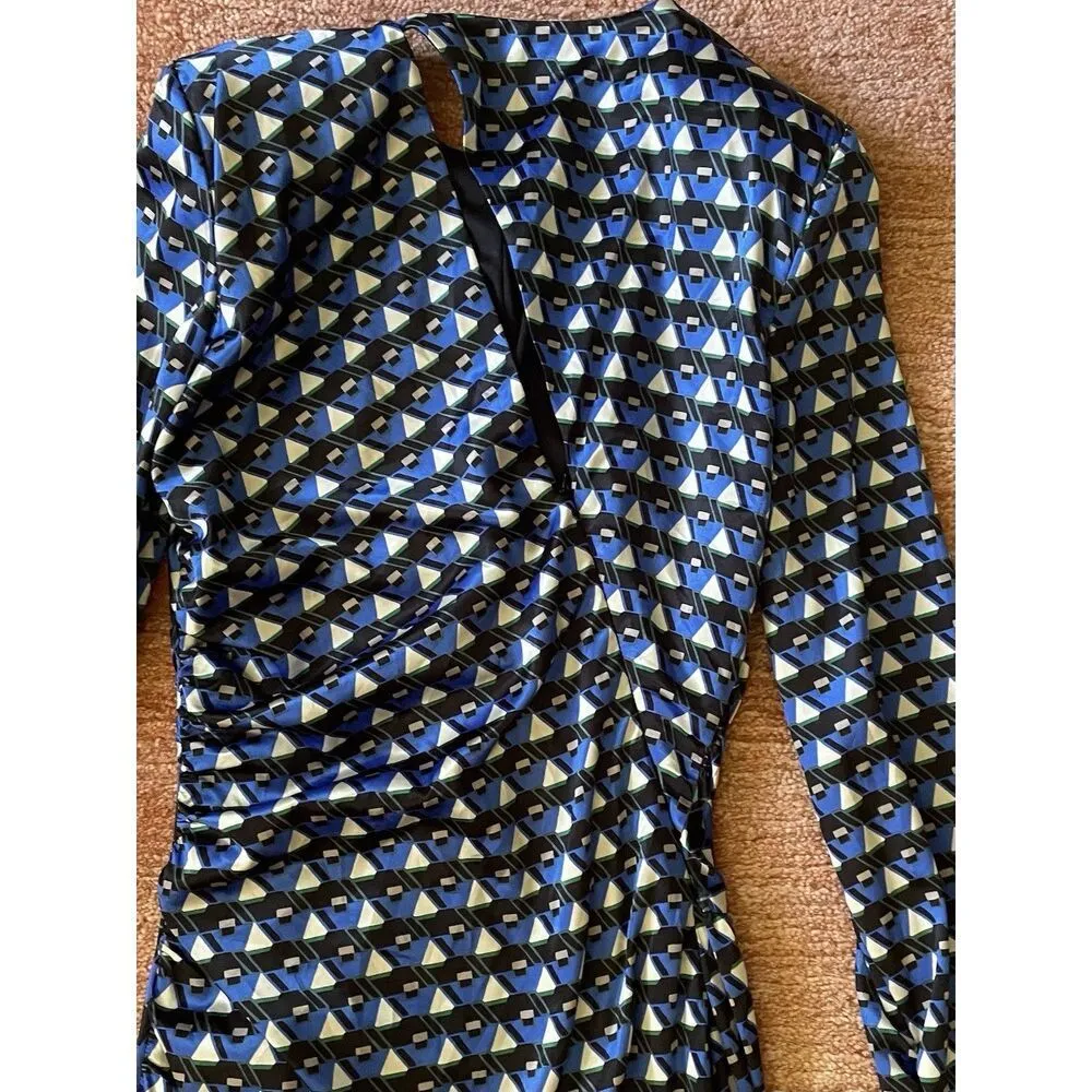 Zara Blue Geometric Print Mini Dress Ruched Long Sleeve Size S - Image 9