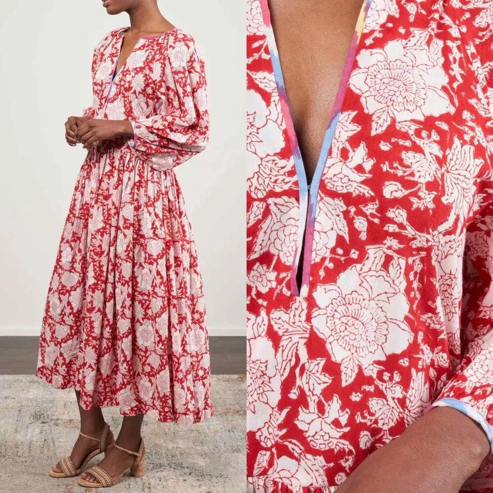 Alix Of Bohemia Tuesday Midi Dress Red Ruby Floral Cotton Size XS - Image 7