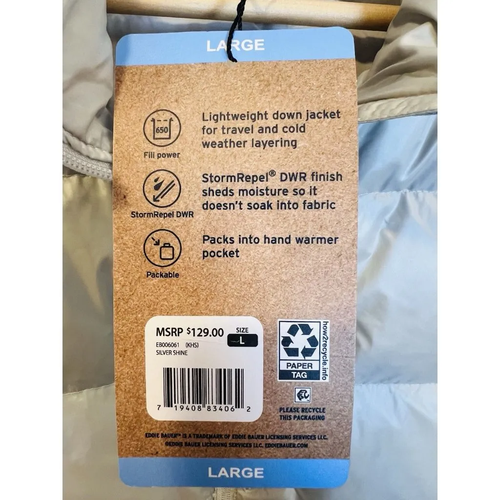 Eddie Bauer Women’s Down Packable Puffer Jacket Large Silver 650 Water Repellent - Image 8