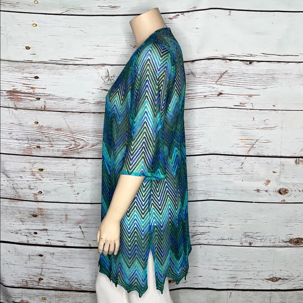 Susan Graver Size XL Green & Blue Chevron Open Front Mesh Cardigan Jacket - Image 3