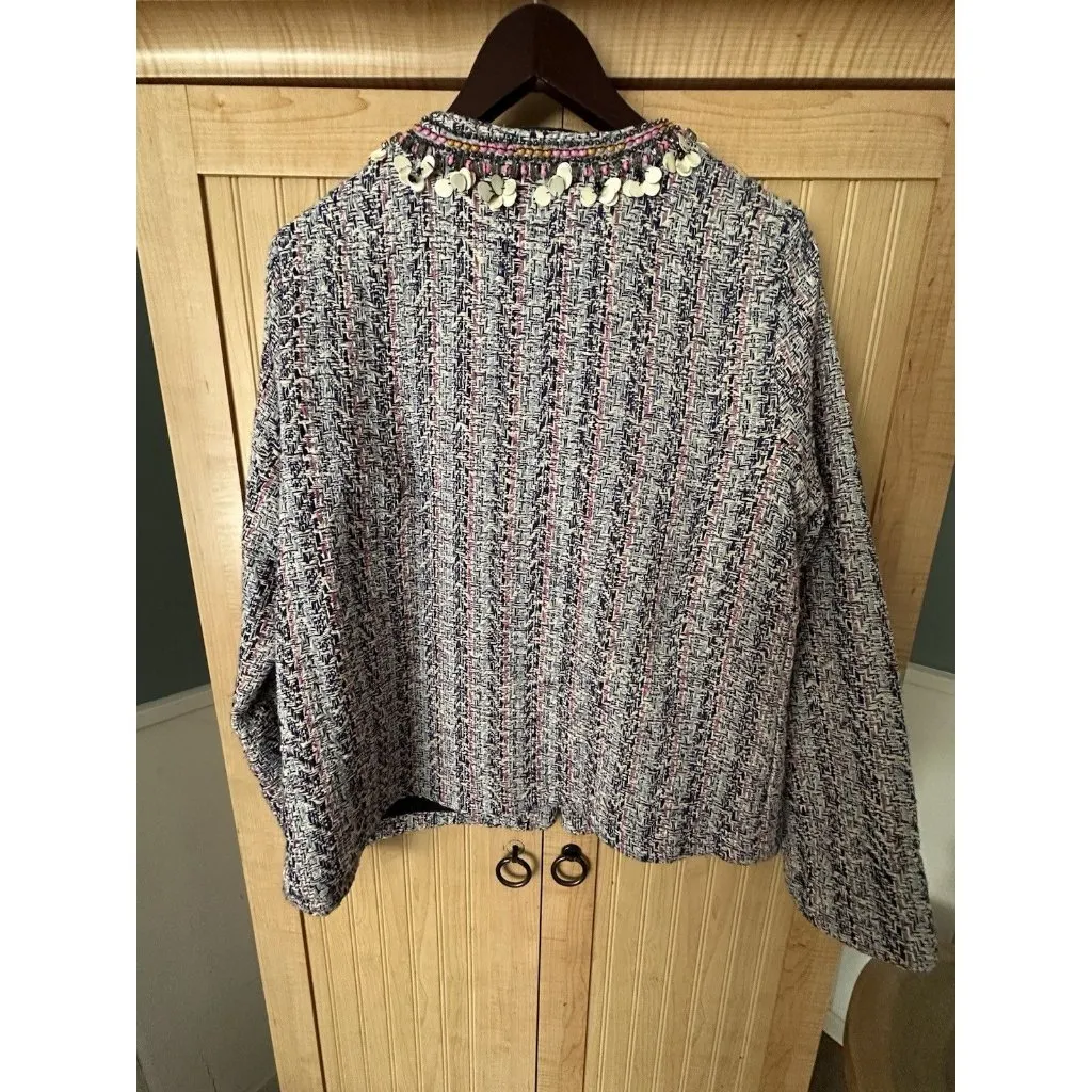 Anthropologie Summer Of Love Suzy Jacket Blazer Pink Rose Embellished Tweed Sz L Size L - Image 5