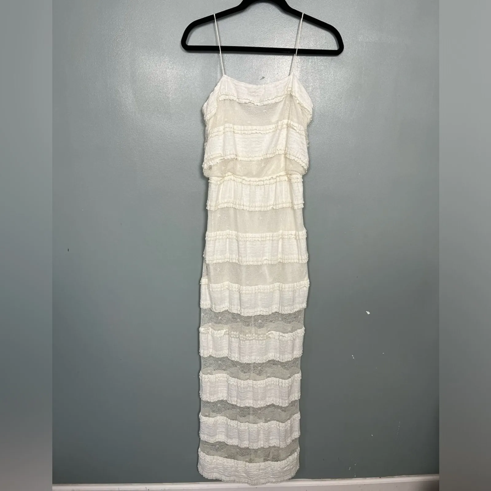 Miguelina Tiered Maxi Column Dress Crochet & Lace White Ivory Sample XS/S - Image 2