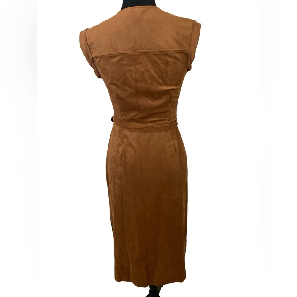 Brown sleeveless soft Faux suede midi wrap dress - Image 4