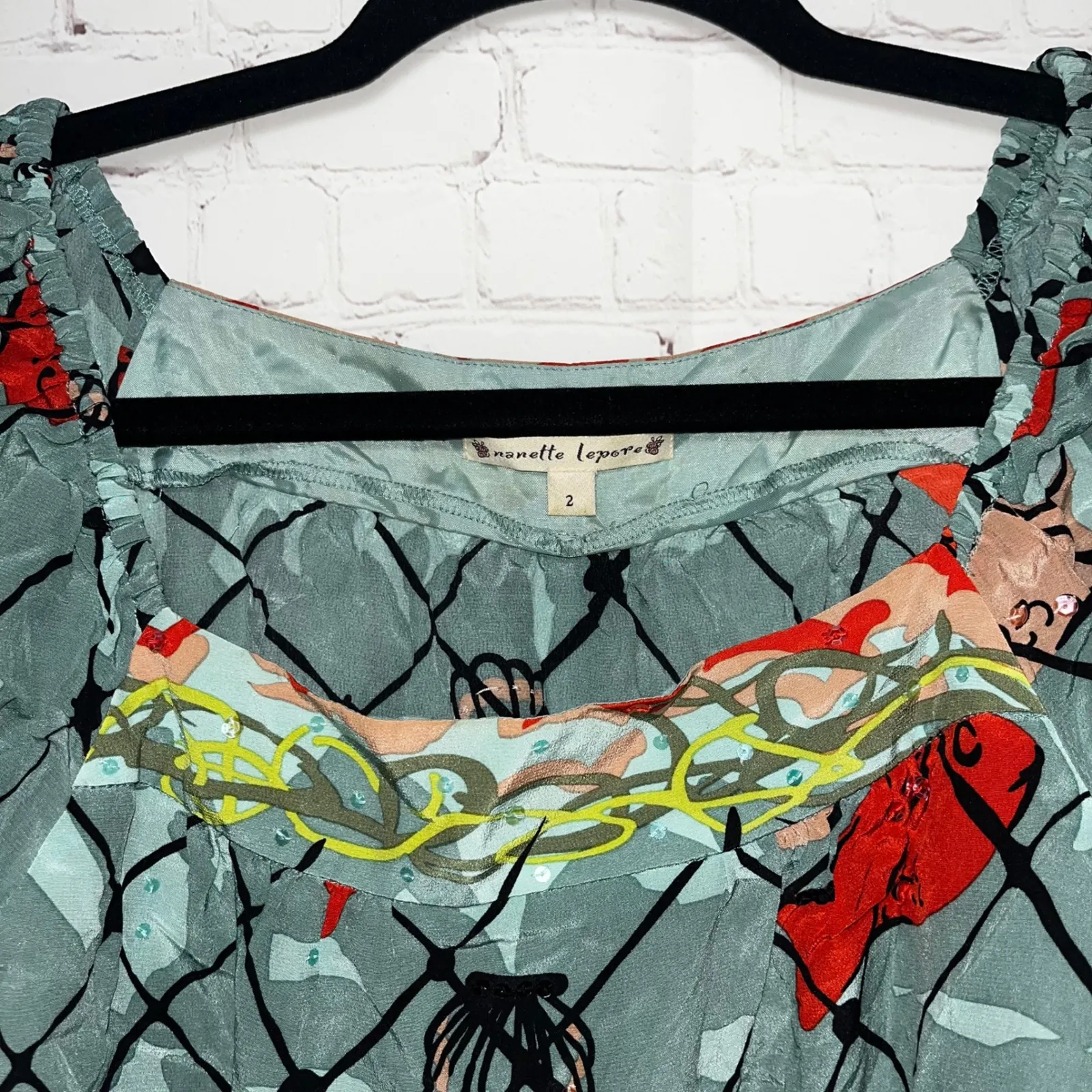 Nanette Lepore Women's Blue Fish Print Silk Puff Sleeve Square Neck Mini Dress 2 - Image 2