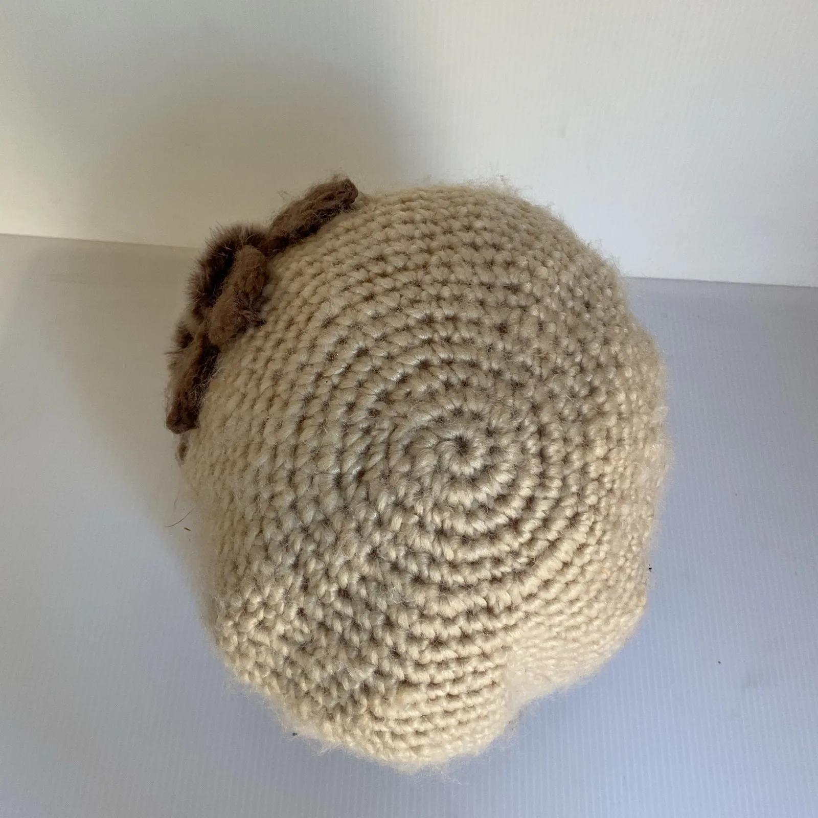 Vintage Bucket Hat Sherpa Crochet Cloche Cream Brown with Faux Fur Flower Accent - Image 5