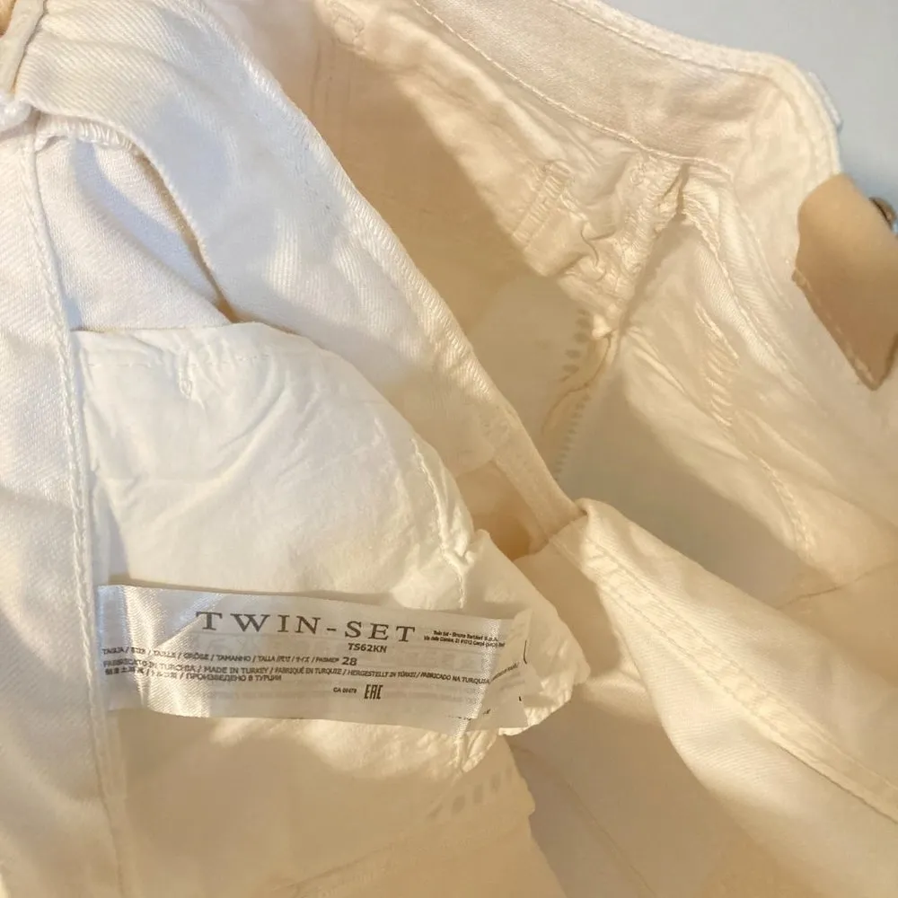 Twin Set women's size 28 mid seamed side stud embellished ripped boyfriend jeans White - Image 7