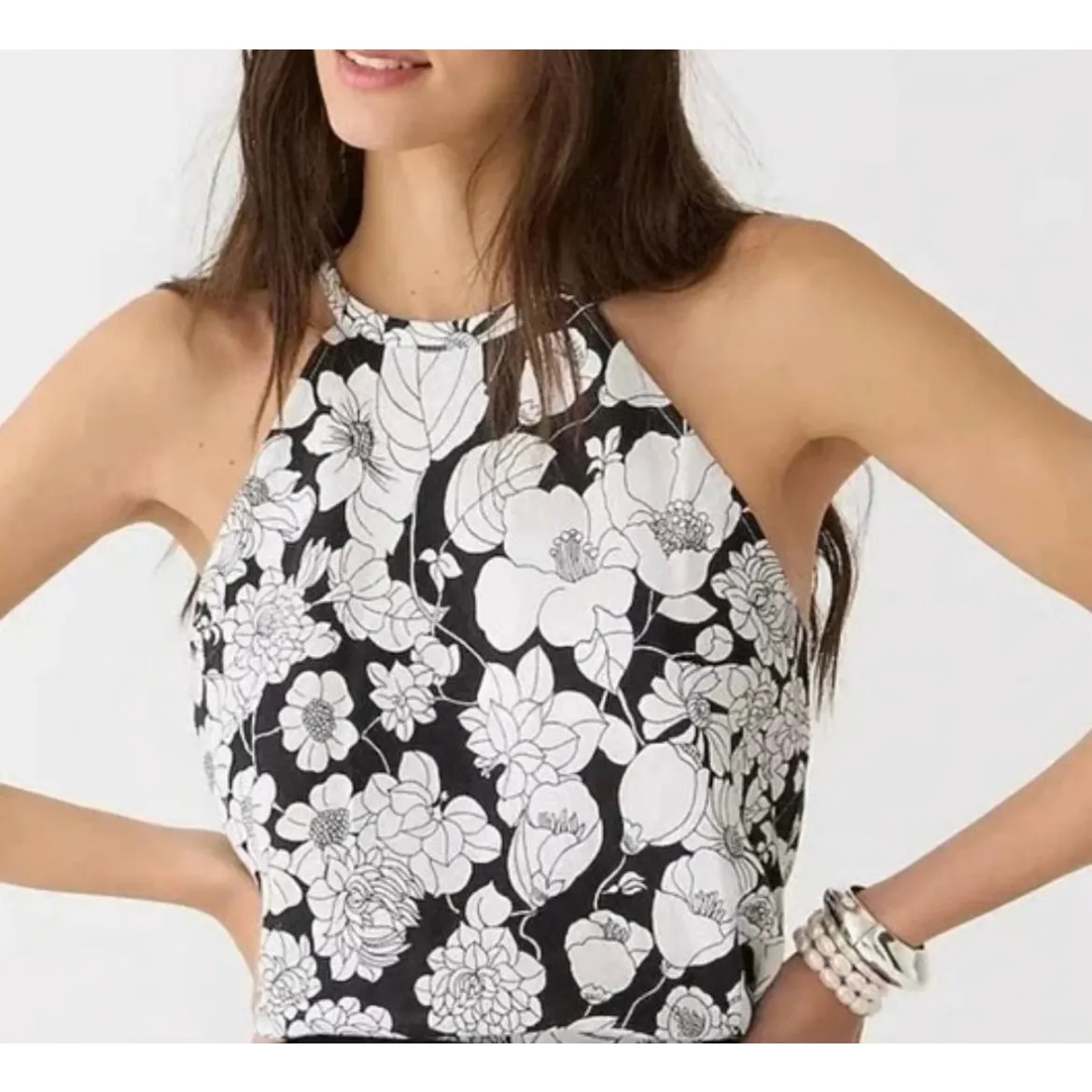 J.Crew Women’s Black & White Amber Floral Linen Halter Tank Sz XL - Image 2